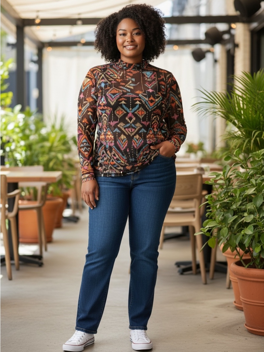 Plus-Size Colorful Abstract Long Sleeve Mesh Top